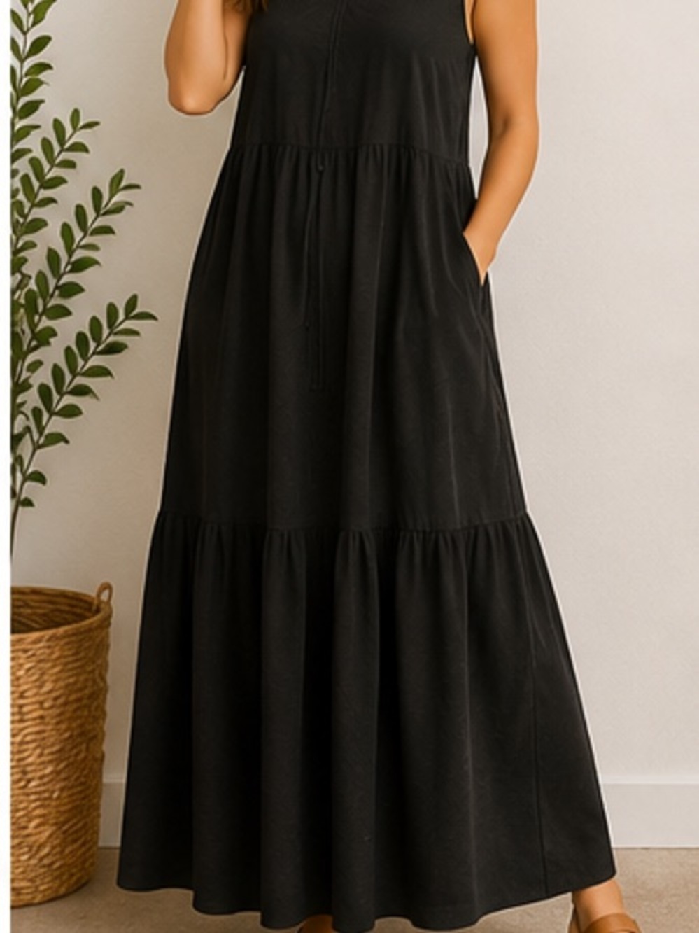 Aerie Tiered Maxi Dress Charcoal Grey Swing Boho Beachy Relaxed Med